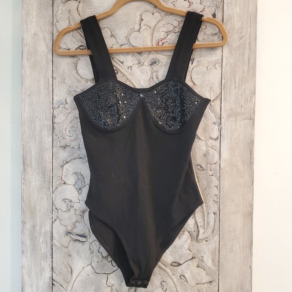Vtg 80s 90S INSTANT ACTION Black Sequin Cup LEOTARD BODYSUIT SZ S Cotton Stretch